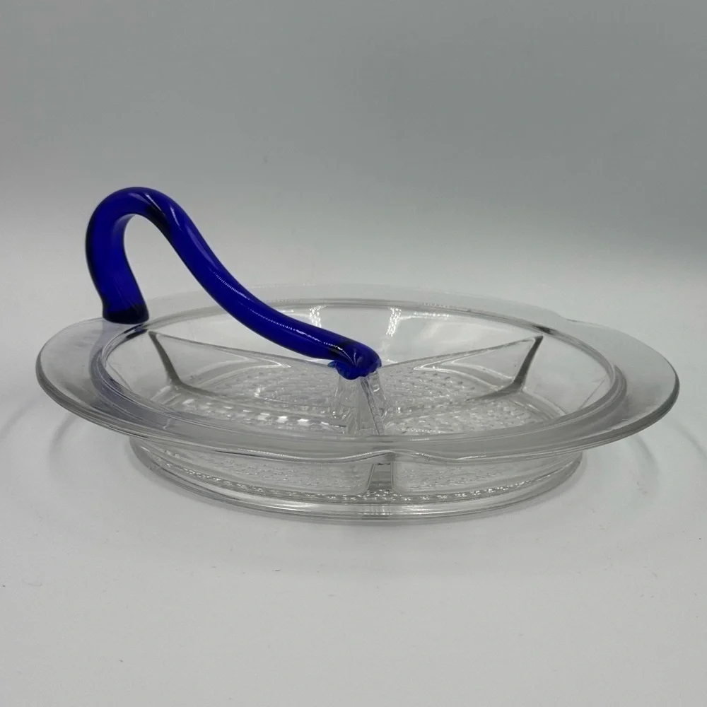 Vintage Duncan Miller Glass Teardrop Pattern Relish with Cobalt Blue Handle